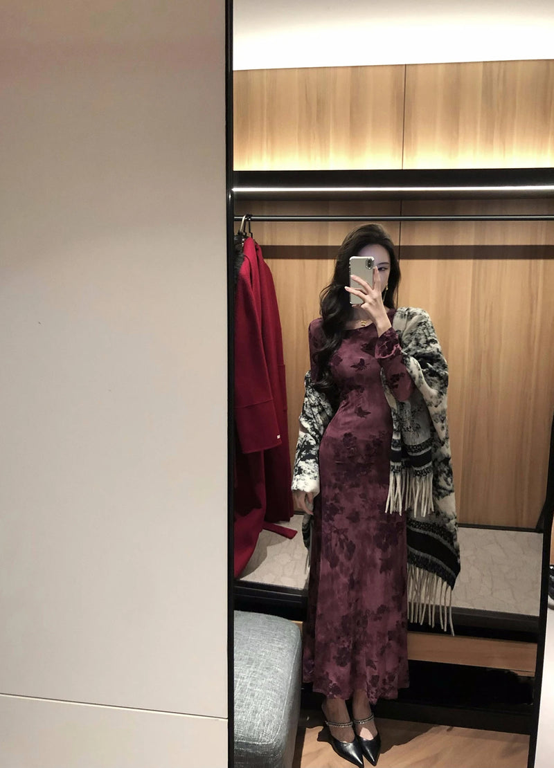 Retro Sle round Ne Lace Floing Dyed Print Slimming Fi Tail Long Dr Ele Mature Long Sve  Dr