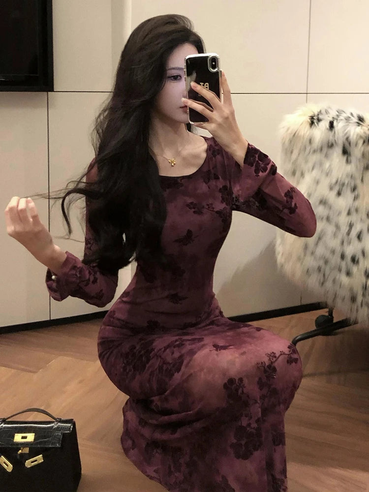 Retro Sle round Ne Lace Floing Dyed Print Slimming Fi Tail Long Dr Ele Mature Long Sve  Dr