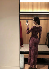 Retro Sle round Ne Lace Floing Dyed Print Slimming Fi Tail Long Dr Ele Mature Long Sve  Dr