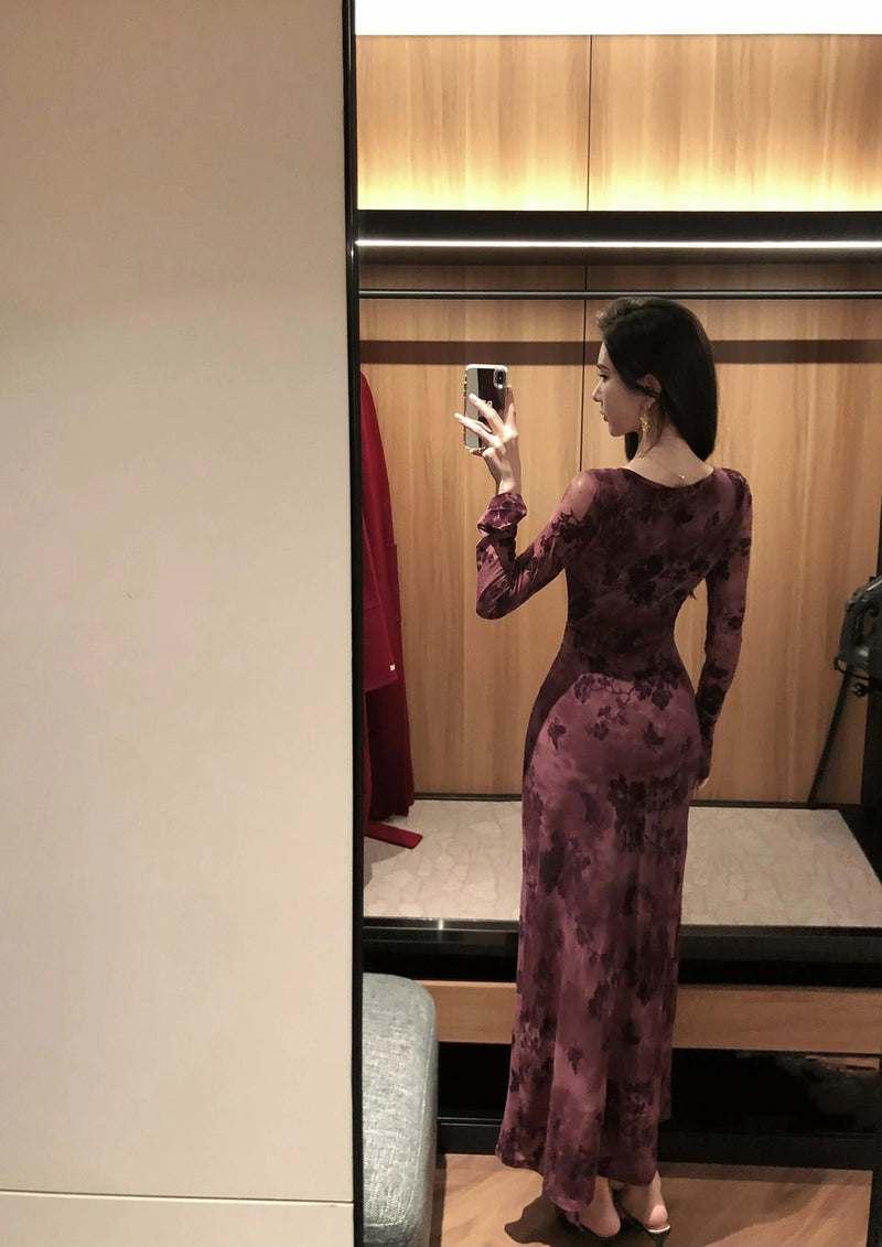 Retro Sle round Ne Lace Floing Dyed Print Slimming Fi Tail Long Dr Ele Mature Long Sve  Dr