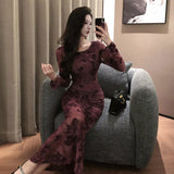 Retro Sle round Ne Lace Floing Dyed Print Slimming Fi Tail Long Dr Ele Mature Long Sve  Dr