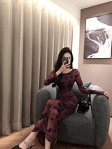 Retro Sle round Ne Lace Floing Dyed Print Slimming Fi Tail Long Dr Ele Mature Long Sve  Dr