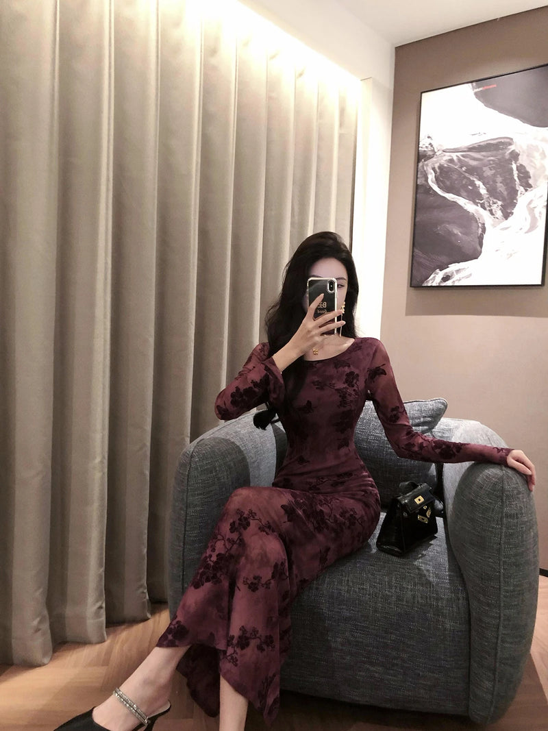 Retro Sle round Ne Lace Floing Dyed Print Slimming Fi Tail Long Dr Ele Mature Long Sve  Dr