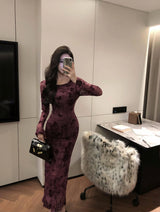 Retro Sle round Ne Lace Floing Dyed Print Slimming Fi Tail Long Dr Ele Mature Long Sve  Dr