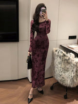 Retro Sle round Ne Lace Floing Dyed Print Slimming Fi Tail Long Dr Ele Mature Long Sve  Dr