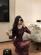 Retro Sle round Ne Lace Floing Dyed Print Slimming Fi Tail Long Dr Ele Mature Long Sve  Dr