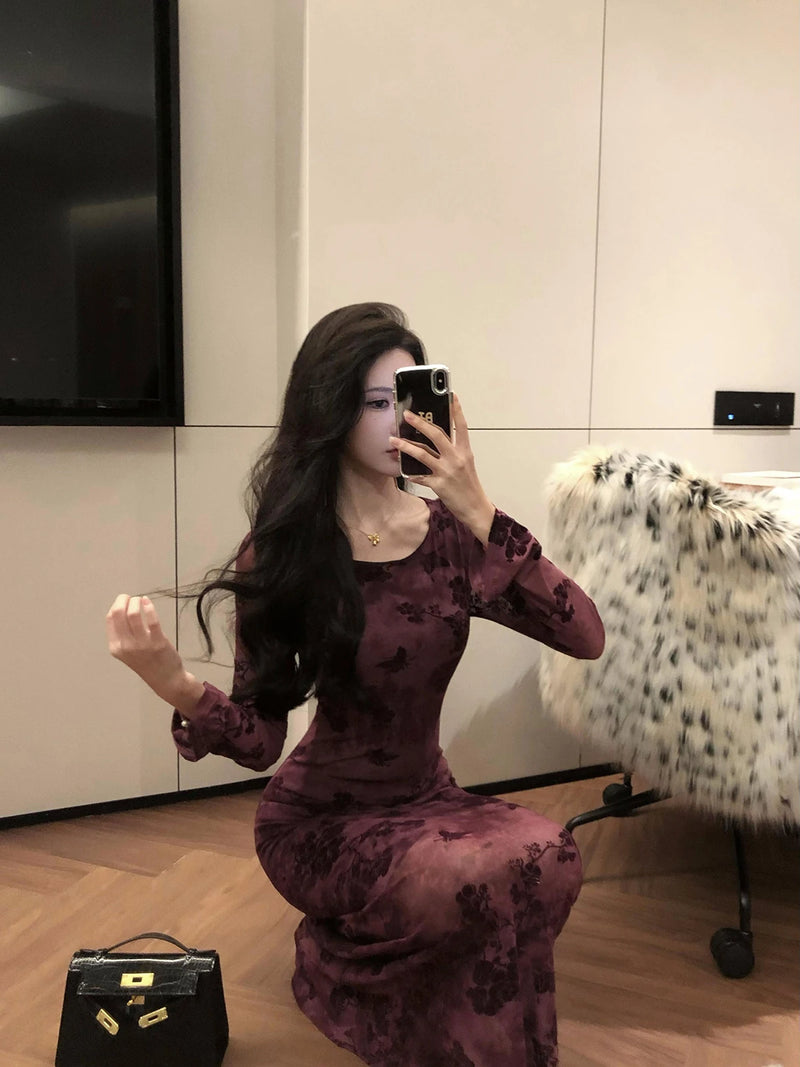 Retro Sle round Ne Lace Floing Dyed Print Slimming Fi Tail Long Dr Ele Mature Long Sve  Dr