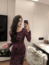Retro Sle round Ne Lace Floing Dyed Print Slimming Fi Tail Long Dr Ele Mature Long Sve  Dr
