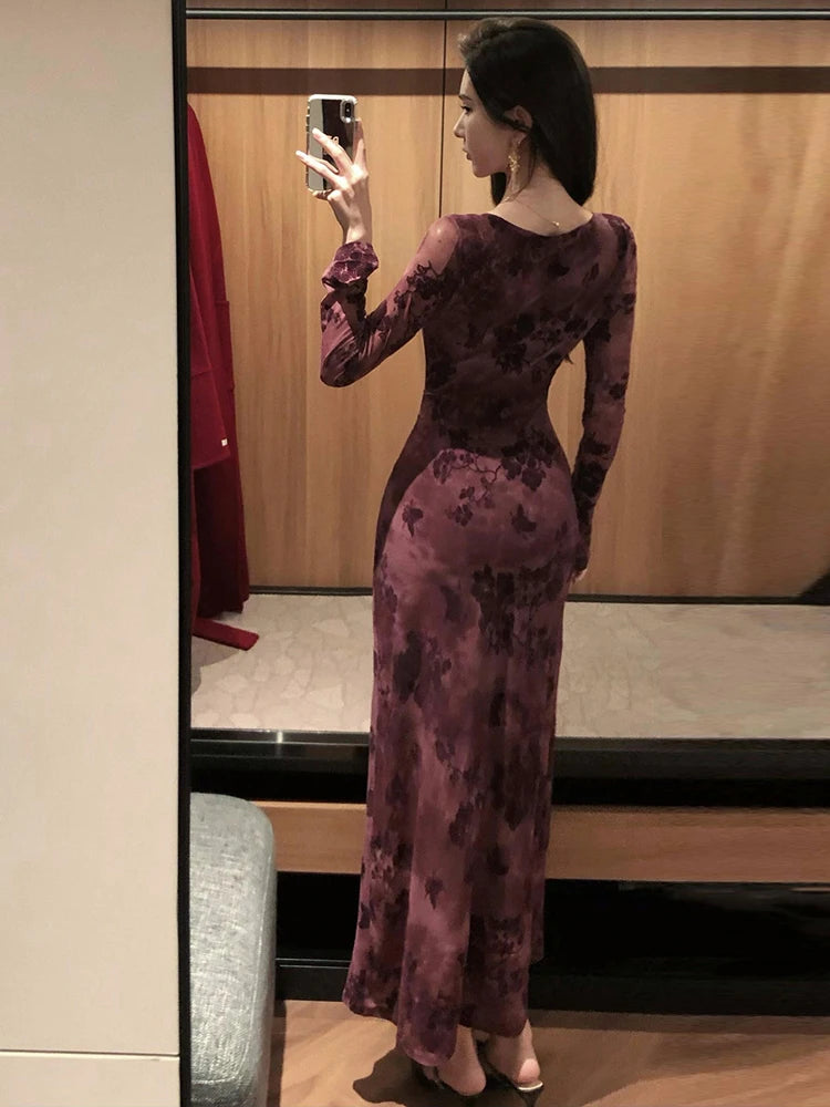 Retro Sle round Ne Lace Floing Dyed Print Slimming Fi Tail Long Dr Ele Mature Long Sve  Dr