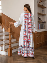 Middle Eastern Muslim Women's Rhinestone Bead Decorative Print And Rolled Up Sleeve Dress