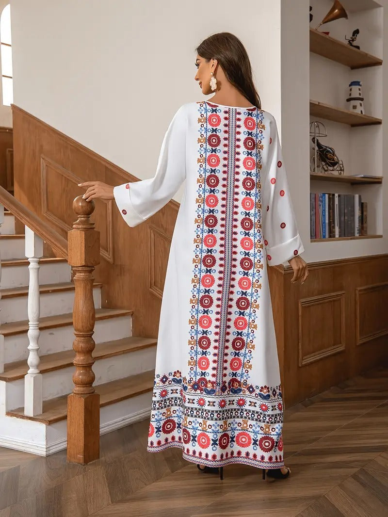 Middle Eastern Muslim Women's Rhinestone Bead Decorative Print And Rolled Up Sleeve Dress