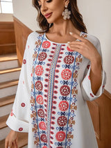 Middle Eastern Muslim Women's Rhinestone Bead Decorative Print And Rolled Up Sleeve Dress