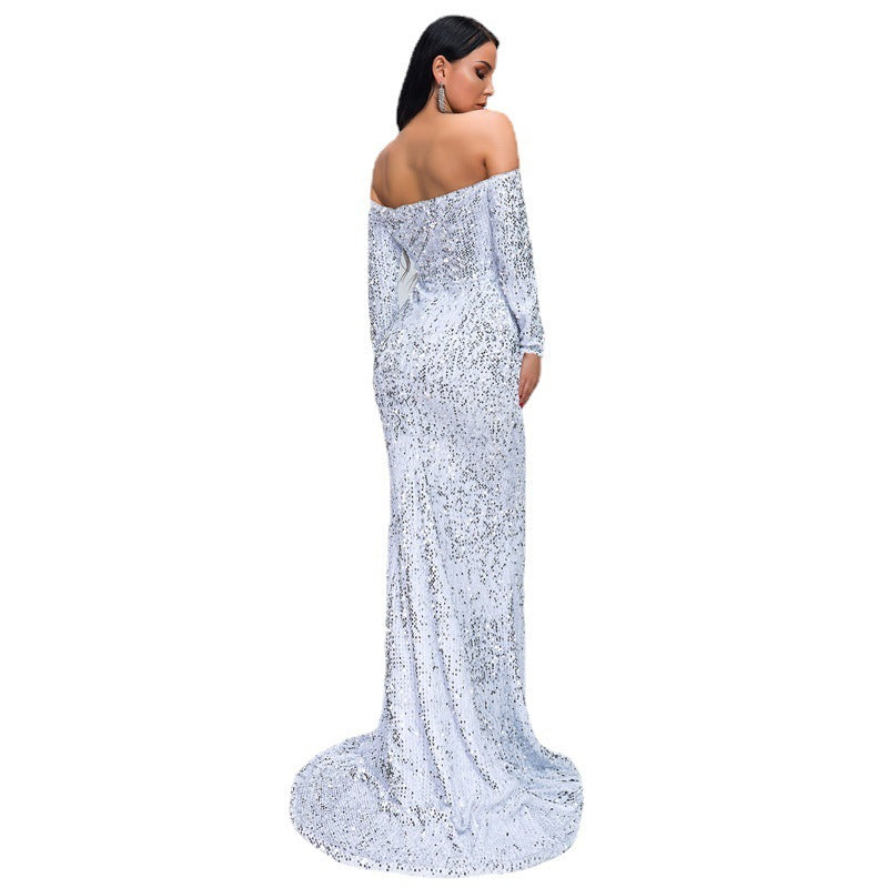 Long Sleeve Sequins Party Evening Dress
