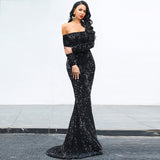 Long Sleeve Sequins Party Evening Dress
