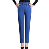 Thin Elastic High Waist Denim Straight-leg Trousers