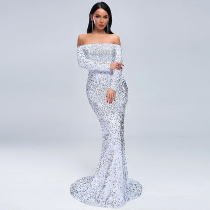 Long Sleeve Sequins Party Evening Dress